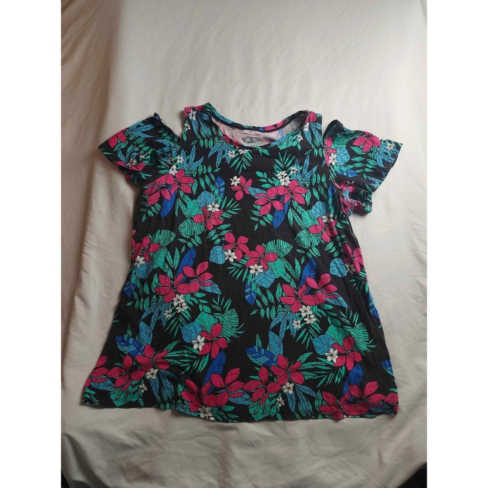 Woman Within Floral Cold Shoulder Top Black Pink Tropical 18/20 L